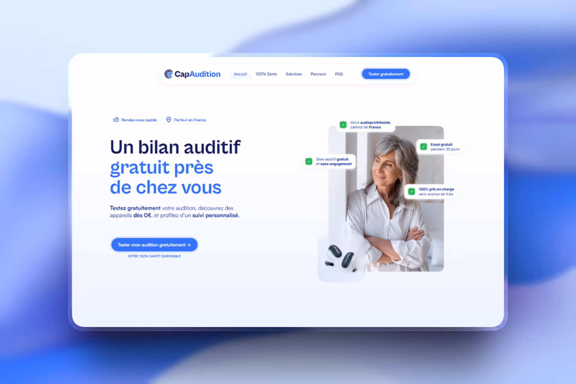 Page d'accueil d'un site web proposant des tests auditifs gratuits près de chez vous, avec un suivi personnalisé et des appareils auditifs d'essai gratuits.