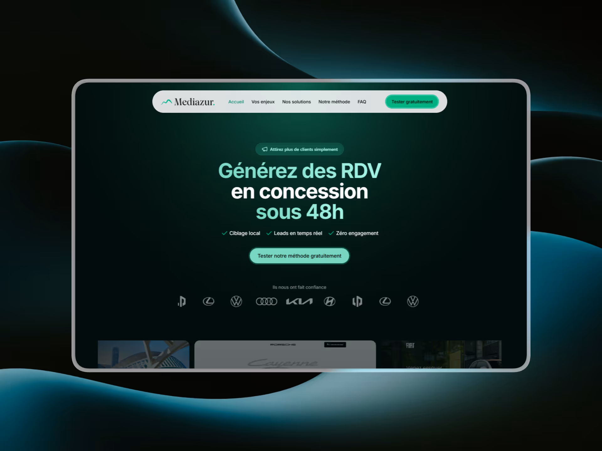 Page d'accueil en français du site web de Mediazur proposant la prise de rendez-vous en concession automobile sous 48 heures.